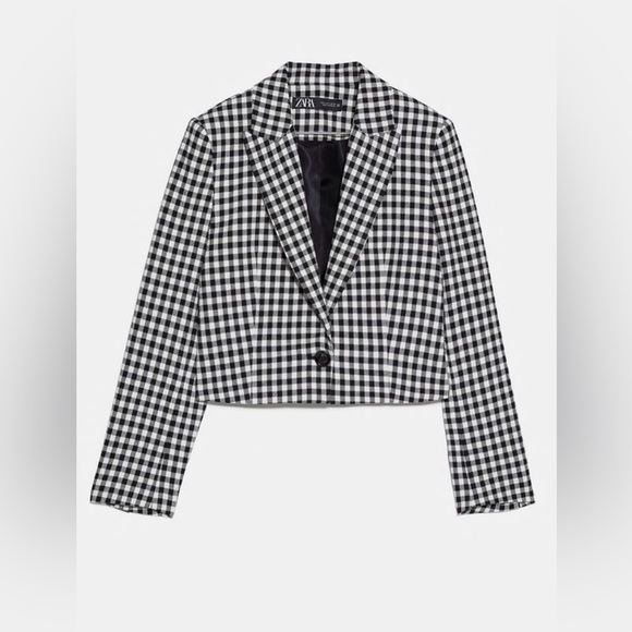 Zara Jackets & Blazers - ZARA BLACK SINGLE BREASTED LAPEL COLLAR GINGHAM CROPPED BLAZER SIZE Med